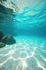 Crystal clear water showcases a pristine sandy beach underneath, creating a serene and tranquil underwater scene,  aquatic,  sea