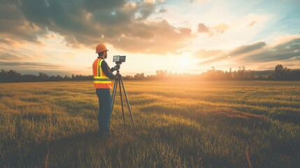 A laser scanning technician performing land survey, open field with laser measurement equipment and 3D mapping data, High-tech style