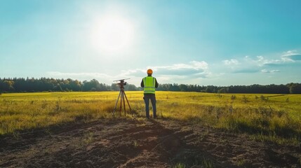 A laser scanning technician performing land survey, open field with laser measurement equipment and 3D mapping data, High-tech style