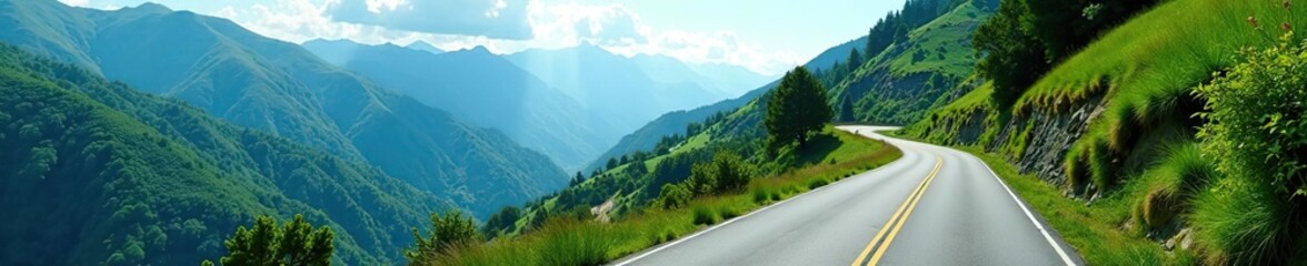 Naklejka premium Curving road through lush green mountains with stunning panoramic view, landscapes, journey