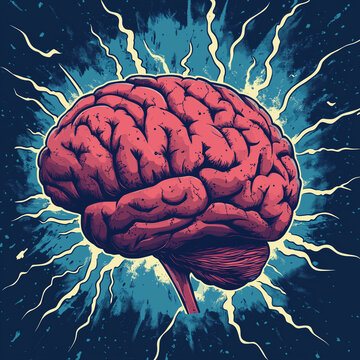 A brain with a red color and a blue background. The brain is surrounded by a bright light and it looks like it is exploding