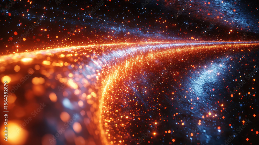 Poster quantum tunneling effect visualized with neon-blue waves and particles passing through energy barrie