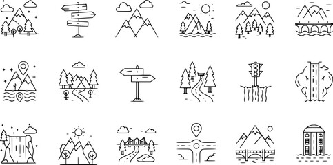 Obraz premium vector illustrations line road and highway, traffic and driving icons set 