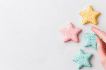 Colorful Star-Shaped Cookies in Pastel Shades Arranged on a Light Surface with a Hand Reaching for One