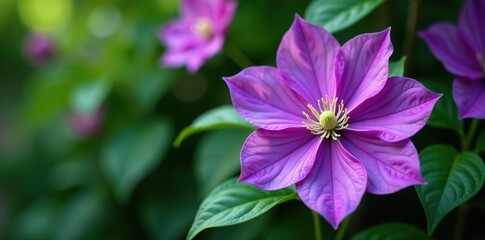 Fototapeta premium Close-up shot of vibrant purple Clematis flowers in full bloom on green leaves background, nature, botanical