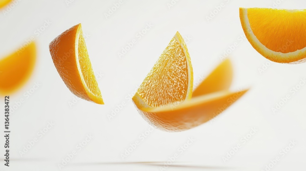 Poster sliced oranges floating against a plain white and bright background