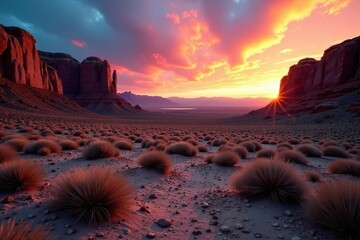 Desert landscape at sunrise with colorful hues illuminating the rocky terrain in Bishop, California, USA,  sunrise,  California