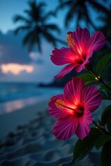 Colorful hibiscus flowers glowing on Maui beach at night,  escape,  Hawaii