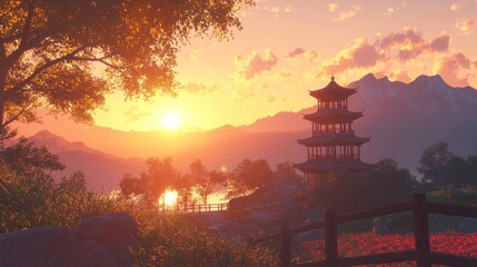 Fototapeta premium unset Pagoda Serenity,