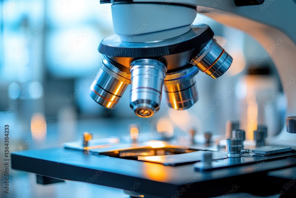 Poster close up of a modern microscope with multiple objective lenses. suitable for science, medical, or la