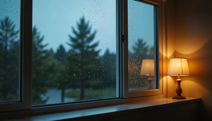 Raindrops hitting window pane in dimly lit room, cozy ambiance
