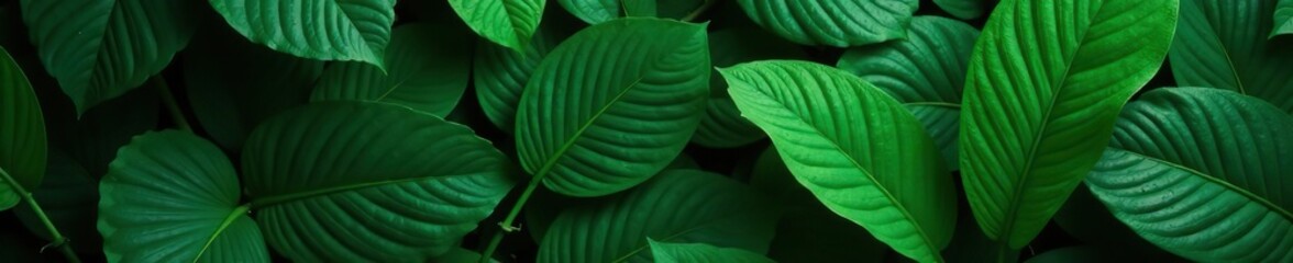 Closeup tropical green leaves texture with dark tone processing creating an abstract nature pattern background,  process,  green