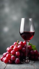 Close-up of a bunch of fresh grapes with a glass of wine on a vintage grey background,  winery, wine