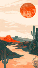 Minimalist cinco de mayo desert scene with cacti and orange sun