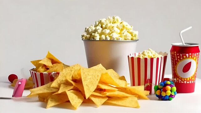 Popcorn, nachos, soda, and candy; classic movie snacks