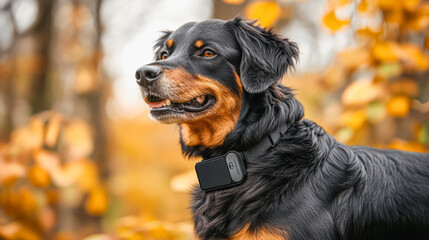 Happy dog in autumn park wearing smart collar for outdoor adventure and pet safety