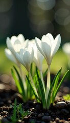 Obraz premium Close-up view of delicate white crocus flowers blooming in garden, petals, botanical