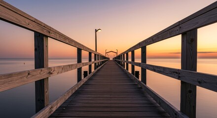 Naklejka premium Serene wooden pier stretching into calm waters at sunset 