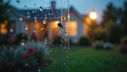 Mosquito on rain-soaked glass at dusk, summer evening reflections