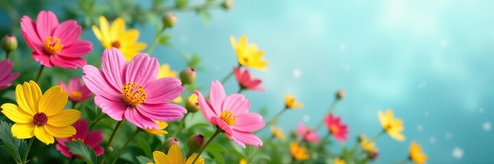 Fototapeta premium Colorful spring flowers in full bloom on a panoramic banner, background, flora