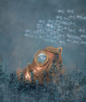 A helmet from a diving suit at the bottom of the sea under the water among thick algae. A magazine illustration showing the deep possibilities hidden under numerous obstacles waiting to be revealed