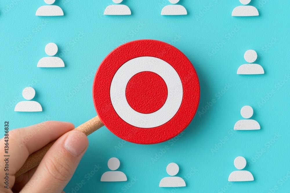 Poster hand holding a red target symbol against a teal background with abstract figures representing indivi