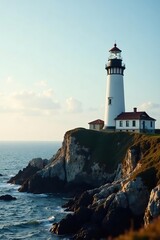 Close up of a short lighthouse on hill with calm ocean,  sky,  landscape