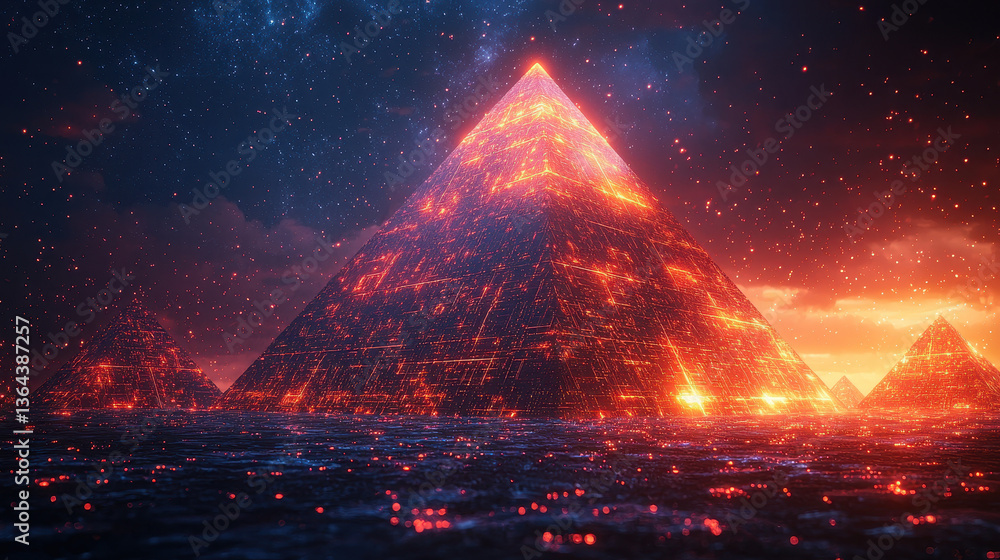 Poster intricate blockchain pyramid with holographic interfaces showcasing advanced fintech aesthetics