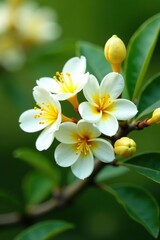 Fototapeta premium Cluster of neroli flowers and citrus buds in full bloom on orange tree branch, garden, spring