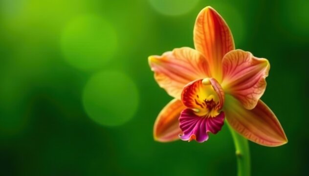 Close-up of a vibrant Lycaste macrophylla Orchid flower in full bloom against a blurred green background,  Nature, Lycaste macrophylla