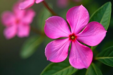 Obraz premium Close up of a vibrant pink periwinkle flower in full bloom with delicate petals and a yellow center, petals, bloom