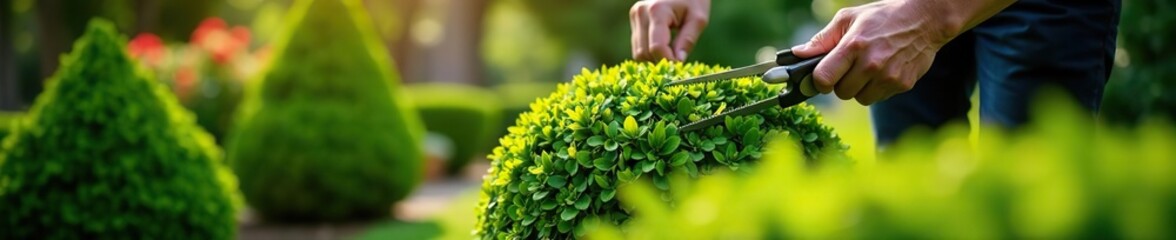 Gardener meticulously pruning a perfectly shaped topiary bush in a lush garden on a sunny afternoon,  beautiful,  shears