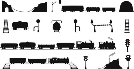 Vector black railroad icon set. Railroad Icon Object, Railroad Icon Picture, Railroad Icon Image - stock vector
