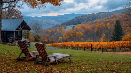 Idyllic cabin scene featuring autumn foliage and mountain views. Perfect for travel, nature, or vacation-themed projects easily.
