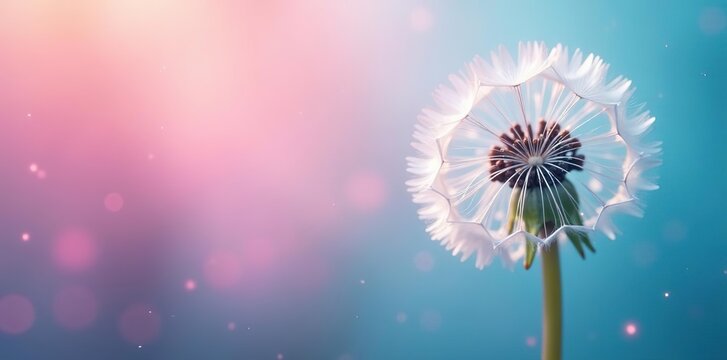 Close-up of a white dandelion contrasted against a backdrop of pink and blue hues, evoking a sense of tranquility and serenity,  flora,  tranquility