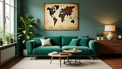 Stylish Living Room with Teal Sofa and World Map Artwork Accenting the Wall