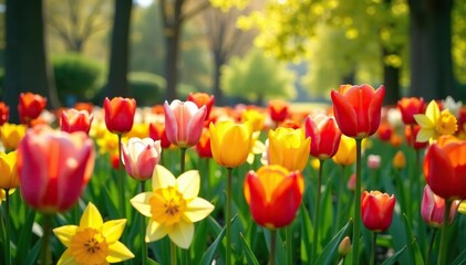 Fototapeta premium Colorful tulips, daffodils, and narcissus flowers in full bloom, creating a stunning seasonal landscape in a beautiful estate garden park, narcissus, estate