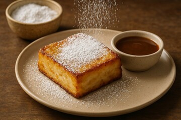 Delicious Gourmet Piece of Fried Dessert Topped with Powdered Sugar and Served with Sweet Sauce