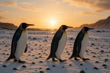 Obraz premium Three King Penguins Walking on Snowy Landscape at Sunset