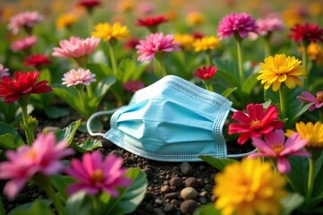 Dirty disposable mask half buried in a field of colorful flowers,  care,  nature