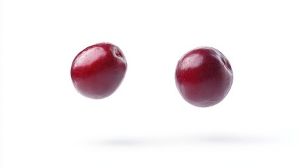 Obraz premium Two floating red cherries against a white background show details