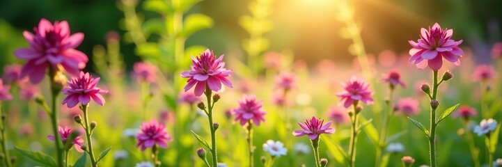Obraz premium Comfrey pink flowers blooming in a vibrant summer garden, Symphytum officinale plants thriving in a sunlit meadow, spring, flowering plants