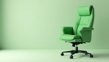 Empty green office chair with a sleek design and comfortable padding, set against a plain background with soft lighting,  modern,  green