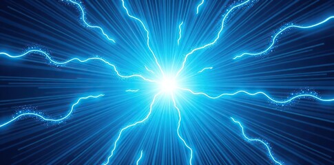 Comic style blue background with dynamic lightning power effects, featuring rays and halftone dots emanating from the center,  page layout,  halftone dots