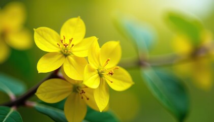 Obraz premium Close up of blooming yellow Ribes aureum flower with soft focus, showcasing the beauty of golden currant, clove currant, pruner berry, and buffalo currant flowers, Golden currant, Ribes aureum