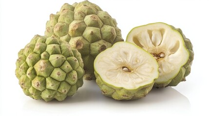 Fototapeta premium Green Custard Apples Whole And Halved Isolated On White Background