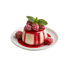 A creamy dessert topped with fresh raspberries and mint, drizzled in raspberry sauce on a white plate.