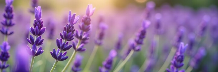 Obraz premium Close-up of vibrant purple Lavender (Lavandula angustifolia) flowers blooming in a field with selective focus, herbal, fragrant