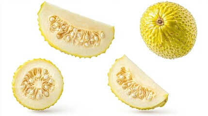Sliced melon pieces and a whole melon on a bright white surface