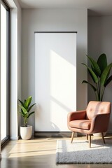 Contemporary interior with mock-up of vertical ads banner, modern furniture, minimalistic design,  ads,  design